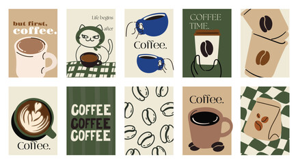 Fototapeta premium Coffee shop poster templates vector set. Retro cafe wall art with coffee cups, beans, latte art, espresso machine, moka pot, takeaway cup and croissant patterns