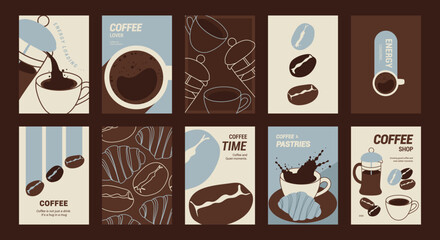 Fototapeta premium Coffee shop poster templates vector set. Retro cafe wall art with coffee cups, beans, latte art, espresso machine, moka pot, takeaway cup and croissant patterns