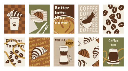 Fototapeta premium Coffee shop poster templates vector set. Retro cafe wall art with coffee cups, beans, latte art, espresso machine, moka pot, takeaway cup and croissant patterns