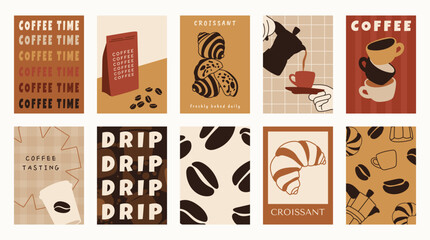 Fototapeta premium Coffee shop poster templates vector set. Retro cafe wall art with coffee cups, beans, latte art, espresso machine, moka pot, takeaway cup and croissant patterns