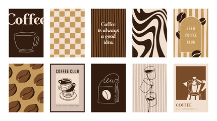 Fototapeta premium Coffee shop poster templates vector set. Retro cafe wall art with coffee cups, beans, latte art, espresso machine, moka pot, takeaway cup and croissant patterns