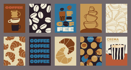 Fototapeta premium Coffee shop poster templates vector set. Retro cafe wall art with coffee cups, beans, latte art, espresso machine, moka pot, takeaway cup and croissant patterns