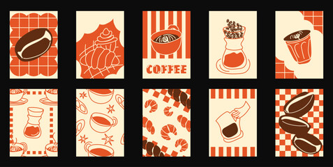 Fototapeta premium Coffee shop poster templates vector set. Retro cafe wall art with coffee cups, beans, latte art, espresso machine, moka pot, takeaway cup and croissant patterns
