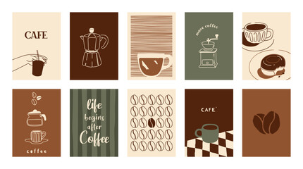 Fototapeta premium Coffee shop poster templates vector set. Retro cafe wall art with coffee cups, beans, latte art, espresso machine, moka pot, takeaway cup and croissant patterns