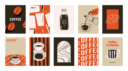 Fototapeta premium Coffee shop poster templates vector set. Retro cafe wall art with coffee cups, beans, latte art, espresso machine, moka pot, takeaway cup and croissant patterns