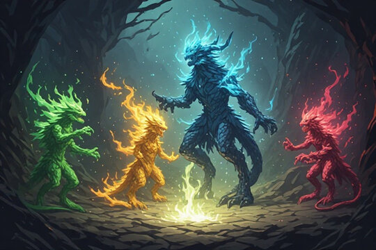 Four elemental monsters of fire, water, earth, and wind summoned around a magic flame in a dark cave