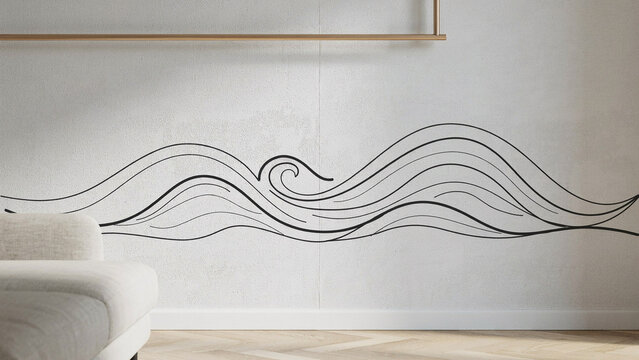 Black wave lines on a textured white wall linear graphic design