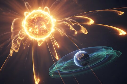 Cosmic view of earth orbiting near sun with solar flares and energy waves