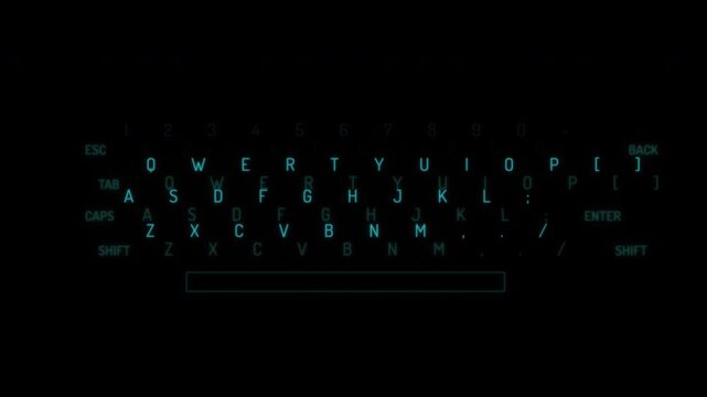Neon glowing letters appearing on dark computer keyboard.