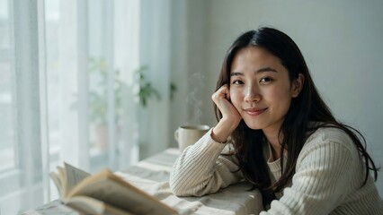 Obraz premium Asian Woman Reading Book at Desk by Window