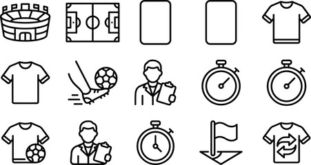 Soccer match set featuring stadium field cards jerseys referee stopwatch corner flag and equipment icons vector. © Emongrapic
