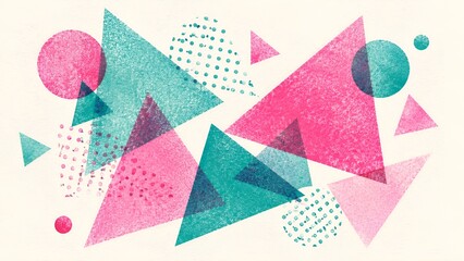 Abstract geometric shapes risograph print background, retro pink and teal halftone triangle backdrop