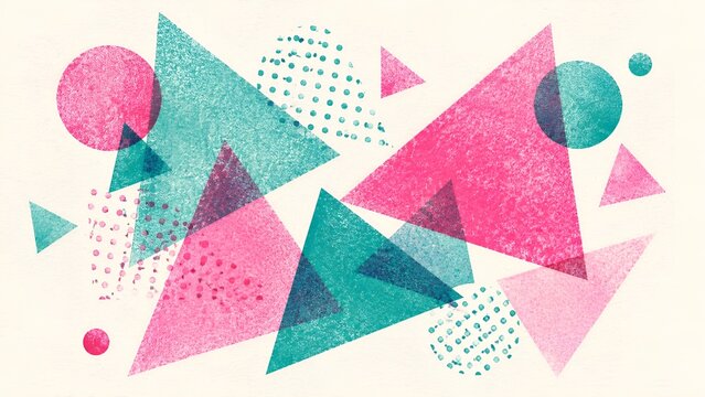 Abstract geometric shapes risograph print background, retro pink and teal halftone triangle backdrop