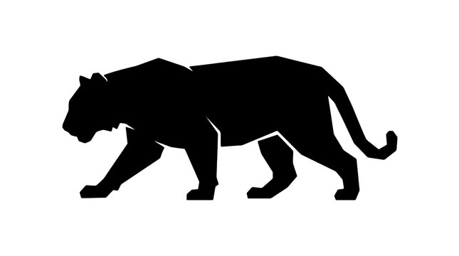 Black silhouette of a tiger walking and stalking, isolated on a clean white background, minimalist vector graphic design icon of wild big cat