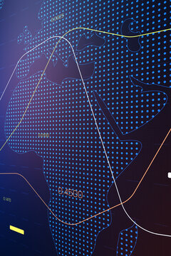 Chart showing stock exchange trading trends with data points and lines across a map outline