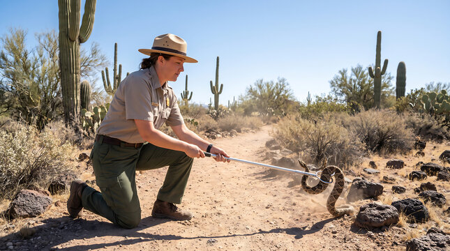 Park ranger using hook to handle diamondback rattlesnake in desert
