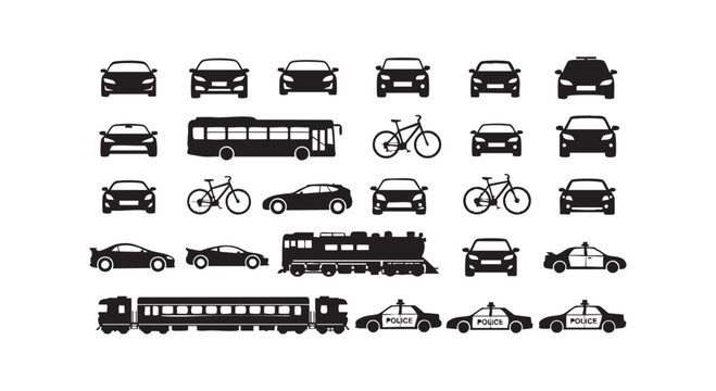 Automobile and public transport silhouette icons featuring cars police vehicles bicycles and long passenger train set collection.