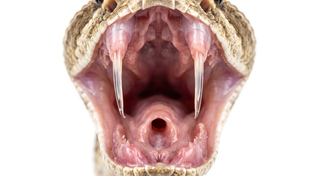 Diamondback rattlesnake open mouth showing fangs on white background