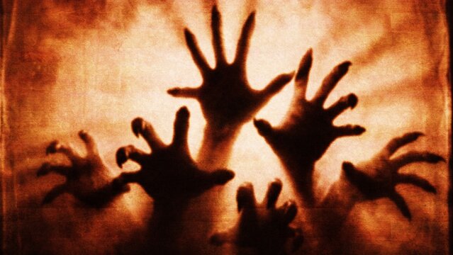 Spooky Halloween hands reaching through a textured ominous dimly lit surface during a frightful night