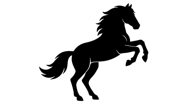 Black silhouette of a rearing stallion horse isolated on a white background, elegant wild mustang animal vector graphic icon