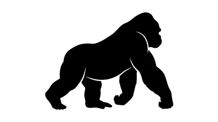 Black gorilla silhouette walking on all fours, isolated on white background. Minimalist vector illustration of a powerful silverback ape in profile. © Mir