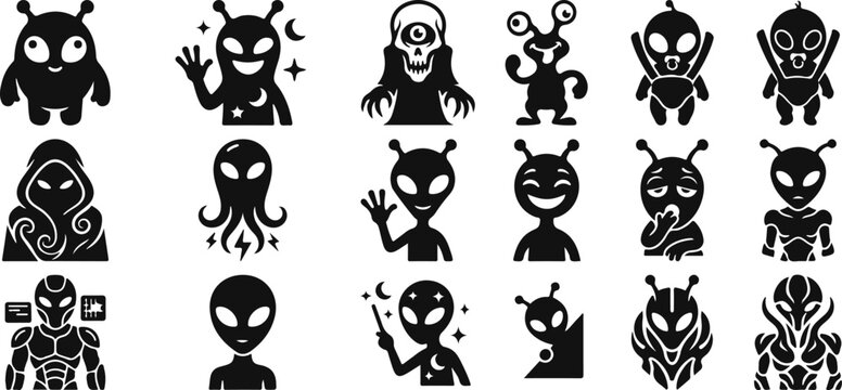 Alien vector bundle 15 unique black illustrations for sci fi designs and commercial projects