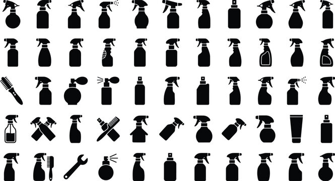 Spray Bottle Silhouette Icon Set with Cleaning Trigger Sprayers and Cosmetic Pump Flacons for Household Chemical Products and Hair Salon Designs