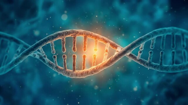 DNA double helix strand with glowing light on abstract blue background. Suitable for science, education, medicine, biotechnology, and research.