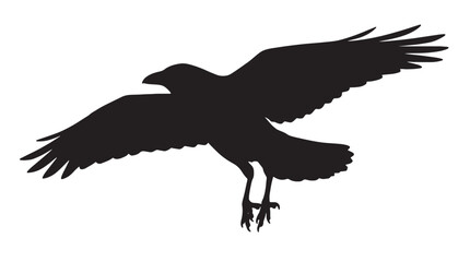 Black silhouette of a flying raven or crow with spread wings isolated on a white background, vector graphic icon of a wild bird in flight © Mir