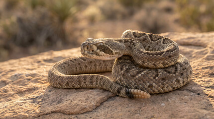 Naklejka premium Western Diamondback Rattlesnake Coiled on Desert Rock at Sunset