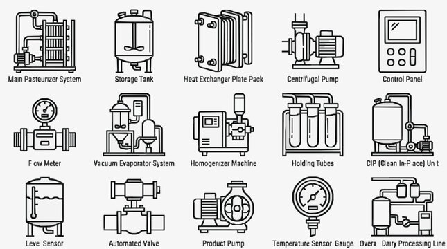 Sleek Black and White Line Drawing Illustrations of Essential Dairy Processing Line Equipment and Components
