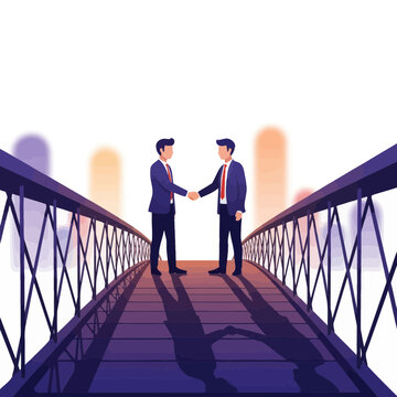 Two Businessmen Shake Hands on Bridge in Urban Setting