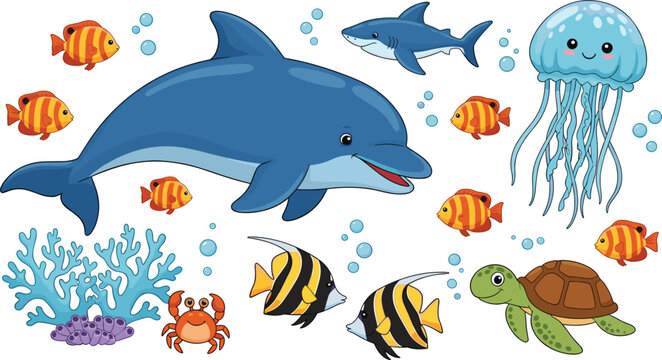 Cute Sea Animals Sticker Set with Dolphin Shark Jellyfish Turtle Coral Reef and Tropical Fishes for Kids Nursery Decor Vector Illustration