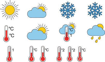 Obraz premium Weather Forecast Icon Set with Sun Clouds Snowflakes Raindrops and Thermometer Symbols for Climate Reports and Interface Design Vector Illustration