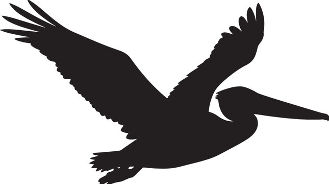 Black pelican silhouette, flying bird icon, minimalist wildlife illustration, vector graphic