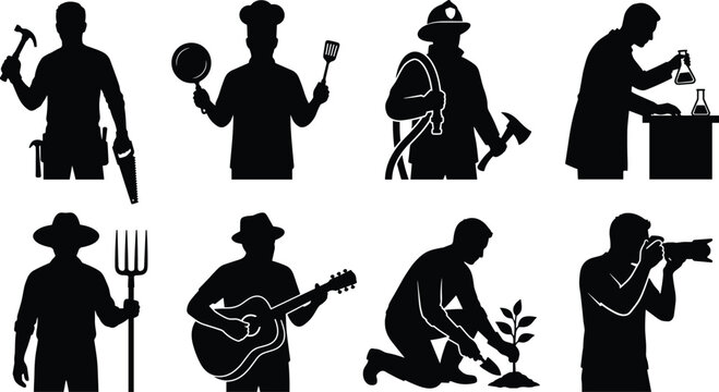 Collection of professional worker and hobbyist black silhouette icons isolated on white