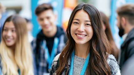 Fototapeta premium Happy student interns in formal attire stand together at a business fair, representing workplace learning, confidence, and positive first impressions.
