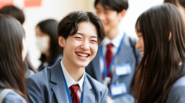 Happy student interns in formal attire stand together at a business fair, representing workplace learning, confidence, and positive first impressions.