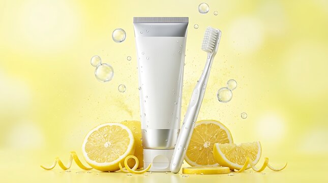 Zesty lemon-infused oral hygiene essentials a pristine toothpaste tube and toothbrush set amidst fresh lemon slices and lively bubbles, promoting a naturally fresh breath