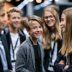 Fototapeta premium Happy student interns in formal attire stand together at a business fair, representing workplace learning, confidence, and positive first impressions.