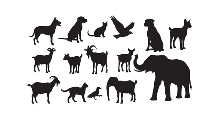 Fototapeta premium Black silhouette collection of farm and wild animals including domestic pets and large mammals for design projects.