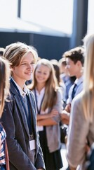 Obraz premium Happy student interns in formal attire stand together at a business fair, representing workplace learning, confidence, and positive first impressions.