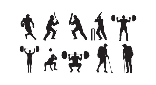 Black vector silhouettes of athletes and outdoor enthusiasts performing various sports and fitness activities set on white.