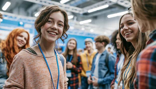 Happy student interns in formal attire stand together at a business fair, representing workplace learning, confidence, and positive first impressions.