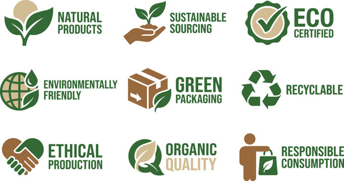 Set of eco friendly, sustainable sourcing, green packaging, and organic natural product vector badges