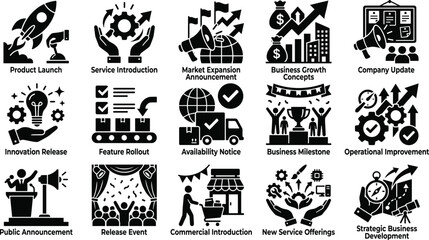 Fototapeta premium Solid black business strategy product launch and market expansion silhouette vector icon set
