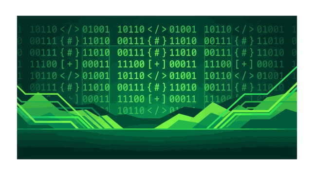 Abstract Green Digital Background with Programming Binary Code and Financial Data Charts