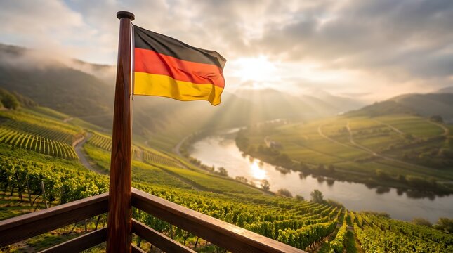 German Flag Waving Over Scenic Moselle Valley Vineyards at Sunset with Golden River Light and Rolling Hills Landscape