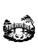 Obraz premium Japanese Zen Garden Silhouette with Arched Bridge Koi Fish and Lantern