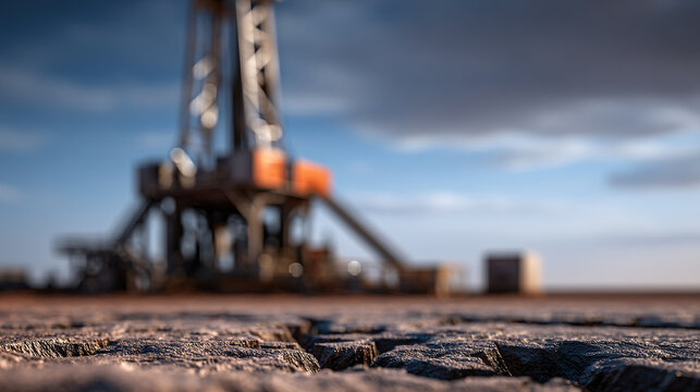 Drilling rig in the background of dry cracked parched earth with drilling, industrial
